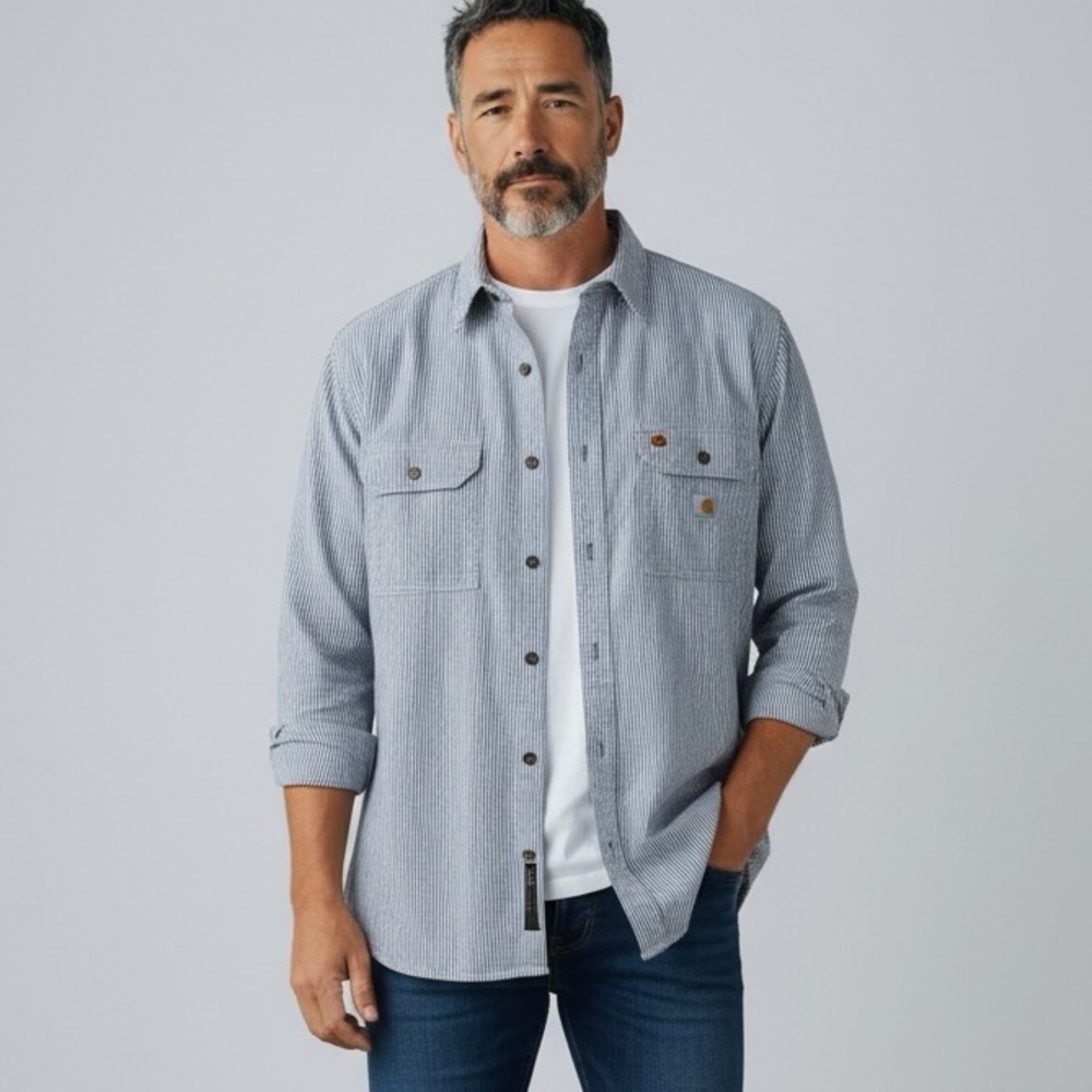 Carhartt Men's Hickory Stripe Long-Sleeve Loose Fit Work Shirt - Size 2XL